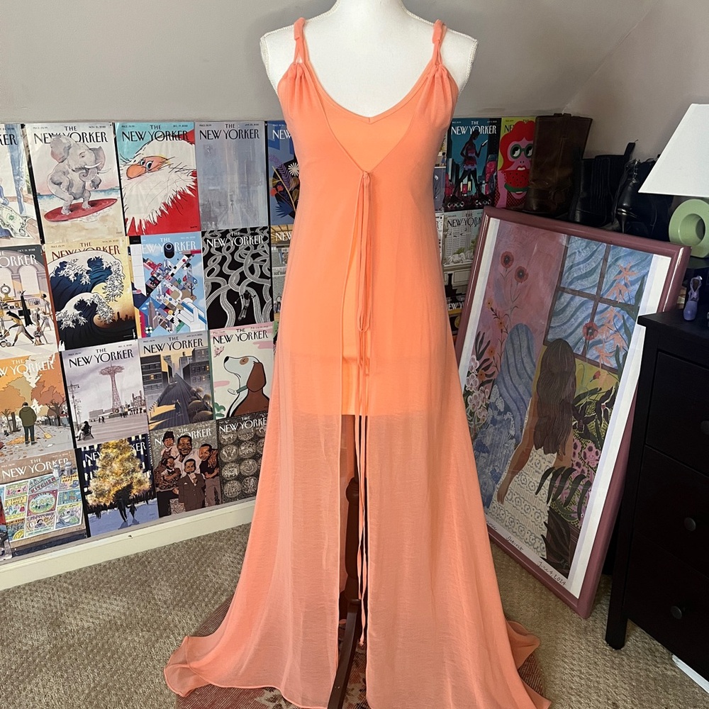 UNIF Coral Sheer Maxi Slip Dress with Front Tie